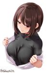  1girl bangs black_bodysuit blush bodysuit breasts brown_eyes brown_hair closed_mouth ebifurya eyebrows_visible_through_hair highres hyuuga_(kancolle) kantai_collection large_breasts short_hair simple_background solo sweat twintails twitter_username upper_body white_background 