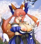  1girl animal_ear_fluff animal_ears bare_shoulders blue_kimono blue_ribbon blush breasts breasts_outside collarbone detached_sleeves eyebrows_visible_through_hair fate/extella fate/extra fate/extra_ccc fate/grand_order fate_(series) flower fox_ears fox_girl fox_tail hair_ribbon highres japanese_clothes kimono koneruhaiko large_breasts looking_at_viewer nature nipples open_mouth outdoors pink_hair ribbon sky solo tail tamamo_(fate)_(all) tamamo_no_mae_(fate) tree yellow_eyes 