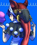  1girl :p animal_head baku_(creature) blue_eyes blue_hair capelet commentary_request doremy_sweet dream_soul dress fur_collar hat hat_with_ears highres howhow_notei multicolored multicolored_eyes pointing pom_pom_(clothes) short_hair simple_background solo tapir tongue tongue_out touhou white_dress 