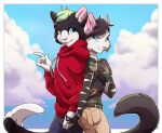  anthro clothing cloud day domestic_cat duo felid feline felis female hoodie lapres male mammal sky topwear 