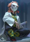  1boy black_legwear black_pants chyoel fox_mask haori highres japanese_clothes katana kimetsu_no_yaiba male_focus mask orange_hair pants sabito_(kimetsu) sandals sitting socks solo sword tassel weapon 