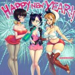  3girls aqua_eyes atelier_(series) atelier_ryza bangs bare_shoulders black_eyes black_hair black_jacket bob_cut bottle bracelet breasts breasts_apart brown_eyes brown_hair camisole champagne_flute cleavage cup dress drinking_glass feet_out_of_frame hair_ornament hairclip happy_new_year jacket jewelry jucika jucika_(comic) large_breasts long_sleeves marnie_(pokemon) medium_breasts midriff multiple_girls navel necklace new_year off-shoulder_dress off_shoulder open_mouth pink_dress pokemon pokemon_(game) pokemon_swsh red_dress red_shorts reisalin_stout short_hair shorts skindentation smile supersatanson thick_thighs thighhighs thighs white_camisole 