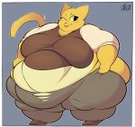  2021 anthro bethesda_softworks big_breasts blush bottomwear breasts clothed clothing clothing_grab felid female footwear fur grey_background hi_res huge_breasts katia_managan khajiit mammal midriff morbidly_obese morbidly_obese_anthro morbidly_obese_female obese obese_anthro obese_female one_eye_closed overweight overweight_anthro overweight_female pants prequel shirt shoes simple_background solo standing the_elder_scrolls tongue tongue_out topwear torn_clothing unixcat video_games webcomic wink yellow_body yellow_fur yellow_sclera 