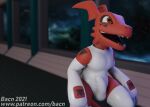  3d_(artwork) anthro bacn biped bulge claws clothed clothing detailed_background digimon digimon_(species) digital_media_(artwork) erection genitals guilmon male markings open_mouth pecs penis rubber scalie smile solo space standing symbol tongue 