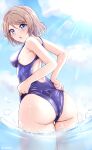  1girl absurdres ass blue_eyes blue_sky blue_swimsuit brown_hair cloud commentary_request competition_swimsuit day from_behind highres linatai looking_at_viewer looking_back love_live! love_live!_sunshine!! one-piece_swimsuit outdoors short_hair sky soaking_feet solo sun swimsuit watanabe_you water wet wet_clothes wet_swimsuit 
