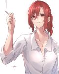  1girl aozaki_touko bangs cigarette collarbone collared_shirt highres holding holding_cigarette jewelry kara_no_kyoukai knt02142769 looking_at_viewer necklace parted_lips pendant ponytail red_eyes red_hair shirt sidelocks signature simple_background sleeves_rolled_up smoke solo upper_body white_background white_shirt 