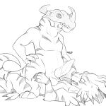  1:1 2020 animal_genitalia balls canid canine conditional_dnp digimon digimon_(species) dinosaur erection feral garurumon genital_slit genitals greymon greyscale hi_res kayla-na male male/male mammal monochrome penis reptile scalie simple_background slit white_background 