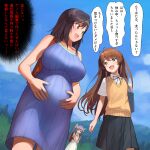  3girls :d a1 antenna_hair bag big_belly black_hair black_skirt blue_dress blue_hair blue_sky breasts brown_eyes brown_hair cardigan cloud commentary_request dress green_eyes hair_ribbon ichijou_hotaru koshigaya_komari large_breasts long_hair looking_at_another miyauchi_renge multiple_girls non_non_biyori open_mouth outdoors pleated_skirt pregnant ribbed_dress ribbon short_hair skirt sky sleeveless sleeveless_dress smile speech_bubble translation_request twintails yellow_ribbon 