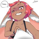  &lt;3 1:1 anthro big_ears biped breasts brown_body brown_fur clothed clothing domination female fur hair half-closed_eyes lagomorph leporid looking_at_viewer mammal narrowed_eyes naughty_face nipples pink_hair punk rabbit size_difference small_dom_big_sub smaller_female smile smiling_at_viewer sockodrawing solo text 