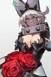  1girl breasts cleavage clover collar elphelt_valentine flower four-leaf_clover green_eyes guilty_gear guilty_gear_xrd headband headwear highres large_breasts looking_at_viewer red_flower rose short_hair smile spiked_collar spikes uncle_rabbit_ii white_hair white_headwear 