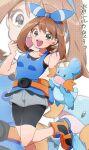  1girl :d ao_(batsumaruha_to) bike_shorts blue_hairband blue_shirt brown_hair collarbone fanny_pack gen_3_pokemon hairband highres leg_up looking_at_viewer may_(pokemon) mudkip open_mouth pokemon pokemon_(creature) pokemon_(game) pokemon_masters_ex pokemon_oras shirt shoes shorts sleeveless sleeveless_shirt smile starter_pokemon upper_teeth white_shorts 