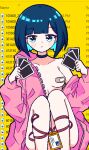  1girl :/ aqua_choker aqua_hair bandaid bandaids_on_nipples bangs blue_eyes blunt_bangs bob_cut breasts chibikki choker closed_mouth collarbone commentary english_commentary eyebrows_visible_through_hair feet_out_of_frame hands_up highres holding holding_photo hood hooded_jacket id_card jacket knees_up lanyard long_sleeves looking_at_viewer medium_breasts naked_jacket open_clothes original pasties photo_(object) pink_jacket pixel_art shiny shiny_hair short_hair solo windows_desktop yellow_background 
