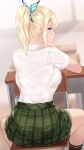  1girl aqua_eyes ass black_legwear blonde_hair boku_wa_tomodachi_ga_sukunai bra_through_clothes breasts butterfly_hair_ornament cait_aron chair classroom desk from_behind green_skirt hair_ornament highres indoors kashiwazaki_sena kneehighs looking_at_viewer looking_back medium_breasts medium_hair ponytail school_uniform shirt shirt_tucked_in short_sleeves sitting sitting_backwards skirt solo white_shirt 