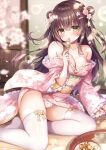  1girl bangs black_hair blurry blurry_foreground blush breasts brown_eyes cleavage commentary_request cup dango depth_of_field double_bun eyebrows_visible_through_hair feet_out_of_frame floral_print flower food frilled_kimono frilled_panties frilled_sleeves frills hair_between_eyes hair_flower hair_ornament hand_up holding holding_food japanese_clothes kimono long_hair long_sleeves looking_at_viewer medium_breasts mitsuba_choco nail_polish no_shoes obi off_shoulder original panties parted_lips pink_flower pink_kimono pink_nails print_kimono sanshoku_dango sash sleeves_past_wrists solo thighhighs tray underwear very_long_hair wagashi white_flower white_legwear white_panties wide_sleeves 