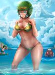  1girl 2boys abs absurdres bikini blue_eyes braid breasts brown_hair cloud day emperor_of_mankind english_commentary face_cloud green_bikini hair_between_eyes helmet highres huge_filesize lens_flare leonard_goog looking_at_viewer medium_breasts mole mole_on_breast multiple_boys navel ocean pubic_tattoo scar short_braid short_hair shoulder_tattoo side-tie_bikini skull smile solo_focus space_marines spaghetti_strap strap_gap strap_pull swimsuit tan tattoo thick_thighs thighs toned twin_braids underboob wading warhammer_40k watermark web_address wet when_you_see_it wide_hips 