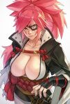  1girl arm_guards baiken breasts cleavage eyepatch guilty_gear guilty_gear_xrd highres japanese_clothes kimono large_breasts long_hair looking_at_viewer pink_eyes pink_hair ponytail samurai sword uncle_rabbit_ii weapon 