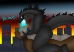  anthro ape breasts crossgender dialogue duo female godzilla godzilla_(series) gorilla gradient_background haplorhine kaiju king_kong lying male male/female mammal on_back primate reptile rorrek scalie simple_background straddling toho 