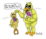  animatronic avian bird chica_(fnaf) chicken english_text female five_nights_at_freddy&#039;s fur galliform gallus_(genus) machine phasianid purple_eyes robot simina-cindy text video_games yellow_body yellow_fur 
