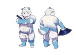  2021 absurd_res anthro blue_body blue_fur blush bottomwear canid canine clothing fur hi_res humanoid_hands kemono male mammal overweight overweight_anthro overweight_male piero03432812 shorts simple_background solo white_background white_body white_fur 