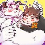  anthro behemoth_(housamo) belly blush chubby_protagonist_(tas) cuddling duo hiryuuuuuuuuu horn human male male/male mammal monster navel overweight tokyo_afterschool_summoners video_games 