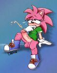  anthro big_penis bottomless classic_amy_rose classic_sonic_(universe) clothed clothing ditoxin eulipotyphlan footwear fur genitals gynomorph hedgehog herm hi_res humanoid humanoid_genitalia humanoid_penis intersex mammal penis pink_body pink_fur shoes simple_background solo sonic_the_hedgehog_(series) young 