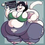  2019 anthro big_breasts black_hair bottomwear breasts brown_eyes clothed clothing dessert domestic_cat english_text eyeshadow felid feline felis female food fur green_background hair hi_res holding_food holding_object huge_breasts ice_cream makeup mammal morbidly_obese morbidly_obese_anthro morbidly_obese_female obese obese_anthro obese_female overweight overweight_anthro overweight_female pants simple_background slippers solo text topwear torn_clothing unixcat white_body white_fur 
