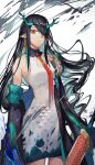  1girl absurdres arknights black_hair dress dusk_(arknights) hair_over_one_eye highres holding holding_weapon horns long_hair looking_down multicolored_hair pointy_ears red_eyes streaked_hair sword weapon zhenxiao 