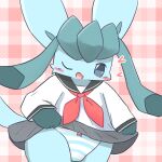  anthro arctic_fox blue_body blue_eyes blue_fur canid canine clothed clothing eeveelution female fox fur glaceon mammal nintendo nyako panties pok&eacute;mon pok&eacute;mon_(species) ribbons school_uniform solo surprise underwear uniform video_games 