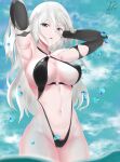  1girl absurdres android armpits arms_behind_head bikini black_bikini breasts cameltoe cleavage cloud cloudy_sky covered_nipples day grey_eyes hands_in_hair highleg highleg_bikini highres joints large_breasts long_hair looking_at_viewer mole mole_under_mouth navel nier_(series) nier_automata o-ring o-ring_bikini ocean robot_joints silver_hair sky solo swimsuit tian_kazuki wading water yorha_type_a_no._2 