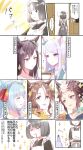  6+girls :d ^_^ animal_ears black_eyes black_hair blood blood_from_mouth brown_hair closed_eyes commentary_request cup flying_sweatdrops highres holding holding_cup horse_ears long_hair maid maid_headdress mejiro_ardan_(umamusume) mejiro_dober_(umamusume) mejiro_mcqueen_(umamusume) mejiro_palmer_(umamusume) mejiro_ryan_(umamusume) multicolored_hair multiple_girls open_mouth purple_eyes romi_(346_ura) short_hair silver_hair smile sparkle streaked_hair teacup translation_request umamusume 