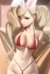  1girl absurdres animal_ears bikini blue_eyes breasts bunny_ears cowboy_shot highres long_hair looking_at_viewer medium_breasts micro_bikini navel nia_(nia4294) persona persona_5 platinum_blonde_hair red_bikini shadow skindentation smile solo sparkle swimsuit takamaki_anne twintails 