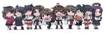  ahoge arm_behind_back black_eyes black_hair brown_eyes brown_hair cardigan checkered checkered_neckwear chibi detached_sleeves eyepatch fusou_(kancolle) glasses grin hair_ornament hakama_skirt hand_on_own_cheek hand_on_own_face hands_on_hips haruna_(kancolle) hiei_(kancolle) highres houshou_(kancolle) japanese_clothes kantai_collection kariginu kirishima_(kancolle) kongou_(kancolle) magatama mechanical_halo necktie nishi_koutarou nontraditional_miko one_eye_closed platform_footwear ponytail purple_eyes purple_hair red_eyes ryuujou_(kancolle) school_uniform smile tatsuta_(kancolle) tenryuu_(kancolle) twintails v visor_cap wide_sleeves yamashiro_(kancolle) yellow_eyes 