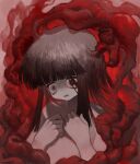  1girl auksechan bangs blunt_bangs flesh grey_eyes grey_hair hands_up highres long_hair no_nose open_mouth original portrait red_pupils red_theme shadow solo 