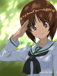  1girl artist_name bangs brown_eyes brown_hair closed_mouth commentary dappled_sunlight dated day eyebrows_visible_through_hair girls_und_panzer highres looking_at_viewer naotosi nishizumi_miho ooarai_school_uniform outdoors salute school_uniform short_hair smile solo sunlight upper_body 