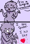  &lt;3 anthro arachnid arthropod english_text fangs gesture hands_behind_back male multi_arm multi_eye multi_limb purple_background purple_body shrug simple_background solo spider text unknown_artist websheck websly 
