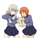  2girls absurdres bangs black_skirt blue_eyes boko_(girls_und_panzer) brown_eyes brown_hair dress_shirt eyebrows_visible_through_hair fighting_stance frown girls_und_panzer grey_shirt highres holding holding_stuffed_toy insignia itsumi_erika kuromorimine_school_uniform long_sleeves looking_at_another mashalxxxxxx medium_hair miniskirt multiple_girls nishizumi_miho open_mouth pleated_skirt school_uniform shirt short_hair silver_hair simple_background skirt smile standing stuffed_animal stuffed_toy teddy_bear white_background wing_collar 
