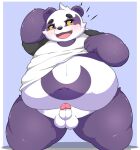  2021 alp_(tas) anthro balls blush clothing erection fur genitals giant_panda hi_res humanoid_genitalia humanoid_penis kemono kusosensei male mammal obese obese_anthro obese_male overweight overweight_anthro overweight_male penis purple_body purple_fur shirt simple_background small_penis solo tokyo_afterschool_summoners topwear ursid video_games white_body white_fur 