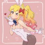  &gt;_o 1girl aikatsu!_(series) aikatsu_stars! animal_ears artist_name bare_shoulders blonde_hair blown_kiss blue_bow blue_neckwear blush bow bowtie breasts brown_eyes bunny_ears bunny_tail cleavage commentary covered_navel cowboy_shot dated detached_collar eyebrows_visible_through_hair fake_animal_ears fake_tail fishnet_legwear fishnets framed from_side fur_trim gloves gradient_hair hair_bow hairband heart highres leaning_forward leotard long_hair looking_at_viewer medium_breasts multicolored_hair nijino_yume one_eye_closed pantyhose pink_background pink_hair playboy_bunny puckered_lips red_bow side-tie_leotard signature simple_background solo star_(symbol) star_print strapless strapless_leotard susinoyama tail twintails wavy_hair white_gloves white_hairband white_leotard wrist_cuffs 