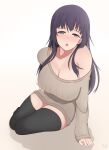  1girl :o arm_up artist_name asymmetrical_clothes bare_shoulders breasts cleavage collarbone folait grabbing_own_breast large_breasts long_sleeves off_shoulder original purple_eyes self_fondle sitting solo sweater thighhighs yokozuwari 