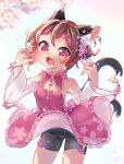  :3 alternate_costume alternate_hairstyle amethyst_(gemstone) animal_ears arms_up bike_shorts blurry blurry_background bracelet breasts brown_hair cat_ears cat_tail chen cherry_blossom_print cherry_blossoms china_dress chinese_clothes cleavage_cutout clothing_cutout commentary_request cowboy_shot detached_sleeves dress fang floral_print hair_bun hair_ornament hairclip highres ibaraki_natou jewelry long_sleeves looking_at_viewer lower_teeth multiple_tails no_hat no_headwear open_mouth pendant pink_dress red_eyes ring short_hair small_breasts standing tail touhou white_sleeves wide_sleeves wind wind_lift 