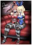  2girls absurdres alternate_costume animal_ears bdsm black_footwear black_legwear blonde_hair blue_eyes blue_leotard bondage bound breasts brown_hair bunny_ears colorado_(kancolle) covered_navel detached_collar english_text fake_animal_ears gag gagged high_heels highres huge_filesize improvised_gag kantai_collection large_breasts leotard multiple_girls nkgw pantyhose playboy_bunny ponytail red_footwear red_leotard saratoga_(kancolle) short_hair side_braids side_ponytail sidelocks sitting smokestack_hair_ornament strapless strapless_leotard tape tape_bondage tape_gag 