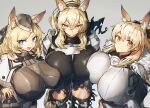  3girls :d alternate_breast_size animal_ear_fluff animal_ears arknights armor arms_behind_back aunt_and_niece bangs black_bow black_headwear black_legwear black_scarf black_shorts blemishine_(arknights) blonde_hair blue_eyes bow breast_press breastplate breasts closed_mouth eyebrows_visible_through_hair fang from_above fur_collar garrison_cap grey_background hair_between_eyes hair_bow hand_on_hip hat headset horse_ears horse_girl horse_tail huge_breasts kingdom_of_kazimierz_logo knee_pads long_hair looking_at_viewer melon22 multiple_girls nearl_(arknights) open_mouth orange_eyes ponytail scarf shiny shiny_hair shorts shoulder_armor siblings sidelocks sisters skin_fang smile standing tail thick_eyebrows thighhighs torn_clothes tsurime v-shaped_eyebrows whislash_(arknights) white_armor 