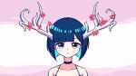  1girl :/ antlers aqua_hair bangs black_choker blue_eyes blunt_bangs blush bob_cut chibikki choker closed_mouth collarbone commentary_request disconnected_mouth eyebrows_visible_through_hair flower highres looking_at_viewer original pink_background pink_flower pixel_art portrait shiny shiny_hair short_hair solo spaghetti_strap 