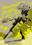  1girl 2013 baron_ueda congratulations dark_skin dark_skinned_female full_body grey_hair gun hair_over_one_eye high_heels holding holding_gun holding_weapon illustration.media midriff navel shadow short_hair signature solo standing weapon yellow_belt yellow_eyes yellow_lips 