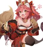  1girl absurdres animal_ear_fluff animal_ears bare_shoulders bell black_legwear breasts cat_paws cleavage collar detached_sleeves eyebrows_visible_through_hair fate/extra fate/extra_ccc fate/grand_order fate_(series) fox_ears fox_girl gloves hair_ribbon highres japanese_clothes jingle_bell kimono large_breasts long_hair neck_bell paw_gloves paws pink_hair ponytail red_kimono red_ribbon ribbon same_(sendai623) solo tail tamamo_(fate)_(all) tamamo_cat_(fate) thighhighs yellow_eyes 