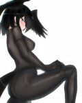  1girl adjusting_clothes ass bangs bird_tail black_hair blue_eyes blush bodystocking breasts covered_nipples eyebrows_visible_through_hair from_side half-closed_eye head_wings highres jungle_crow_(kemono_friends) kemono_friends knee_up long_sleeves looking_at_viewer medium_breasts medium_hair panties see-through shibori_kasu sidelocks simple_background sleeveless solo tail tail_through_clothes underwear white_background 