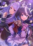  2girls absurdres ascot blue_jacket blurry bokeh brown_hair buttons cowboy_shot depth_of_field ear_ribbon earrings epaulettes hair_flaps hand_on_hip haru_yu highres hoop_earrings horse_girl jacket jewelry long_hair looking_at_viewer mejiro_mcqueen_(umamusume) multiple_girls pink_neckwear silver_hair smile tokai_teio_(umamusume) two-tone_jacket umamusume uniform white_jacket 