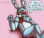  animatronic anthro blue_body blush bodily_fluids bow_tie buckteeth dialogue english_text five_nights_at_freddy&#039;s five_nights_at_freddy&#039;s_2 freckles girly green_eyes lagomorph leporid looking_away low_res machine male mammal open_mouth rabbit red_cheeks robot simina-cindy solo speech_bubble sweat talking_to_viewer teeth text toy_bonnie_(fnaf) video_games 