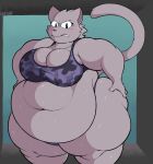  2019 anthro big_breasts blue_eyes blush bodily_fluids bra breasts cheek_tuft clothed clothing domestic_cat facial_tuft felid feline felis female fur green_background grey_body grey_fur hands_on_hips hi_res mammal obese obese_anthro obese_female overweight overweight_anthro overweight_female simple_background solo sports_bra standing sweat tuft underwear unixcat 