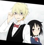  1boy 1girl bartender black_hair blonde_hair bob_cut durarara!! glasses heiwajima_shizuo lowres school_uniform sonohara_anri 